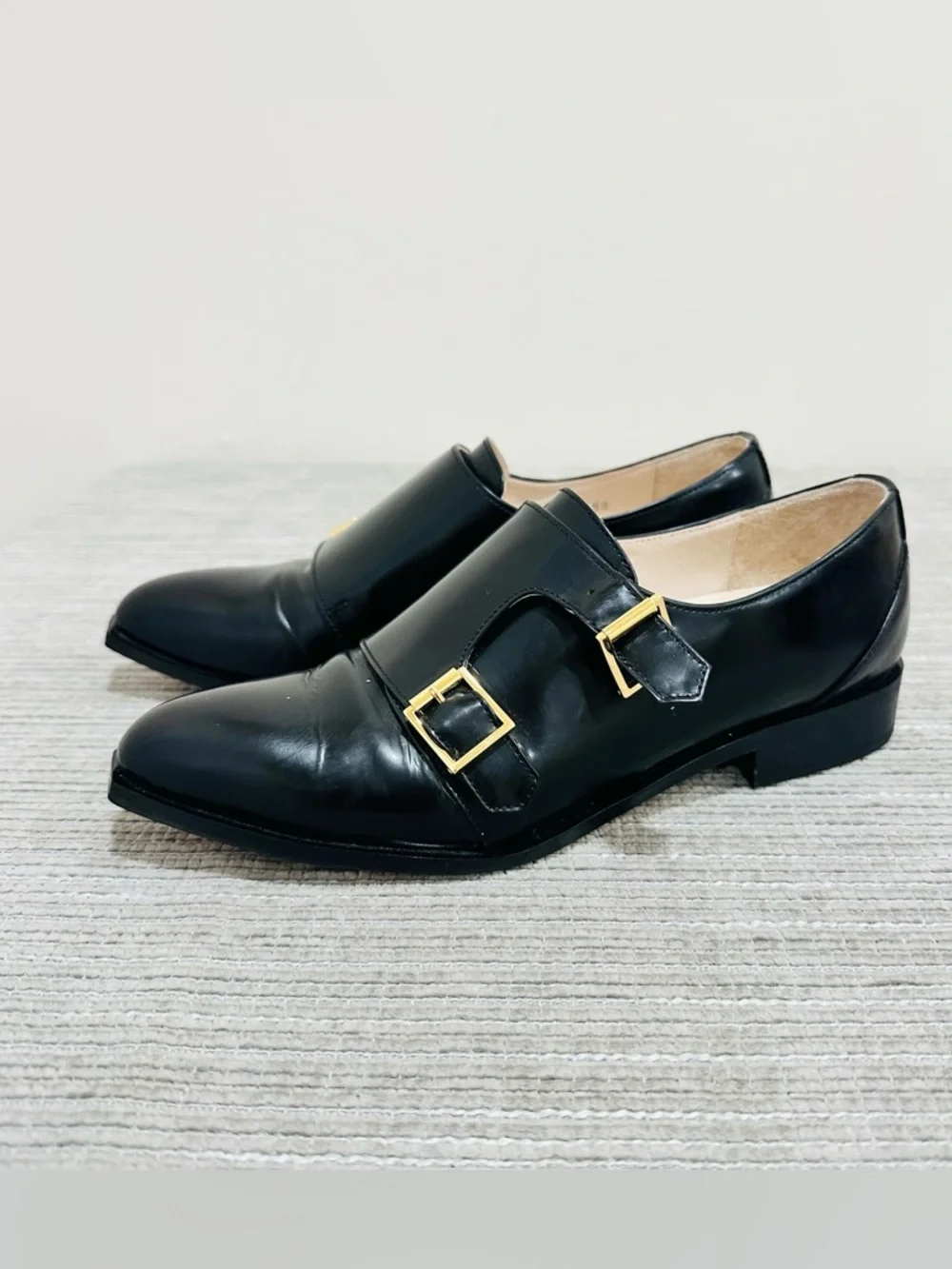 Suecomma Bonnie Black‎ Leather Double Monk Strap Flats Shoes - Size 6
